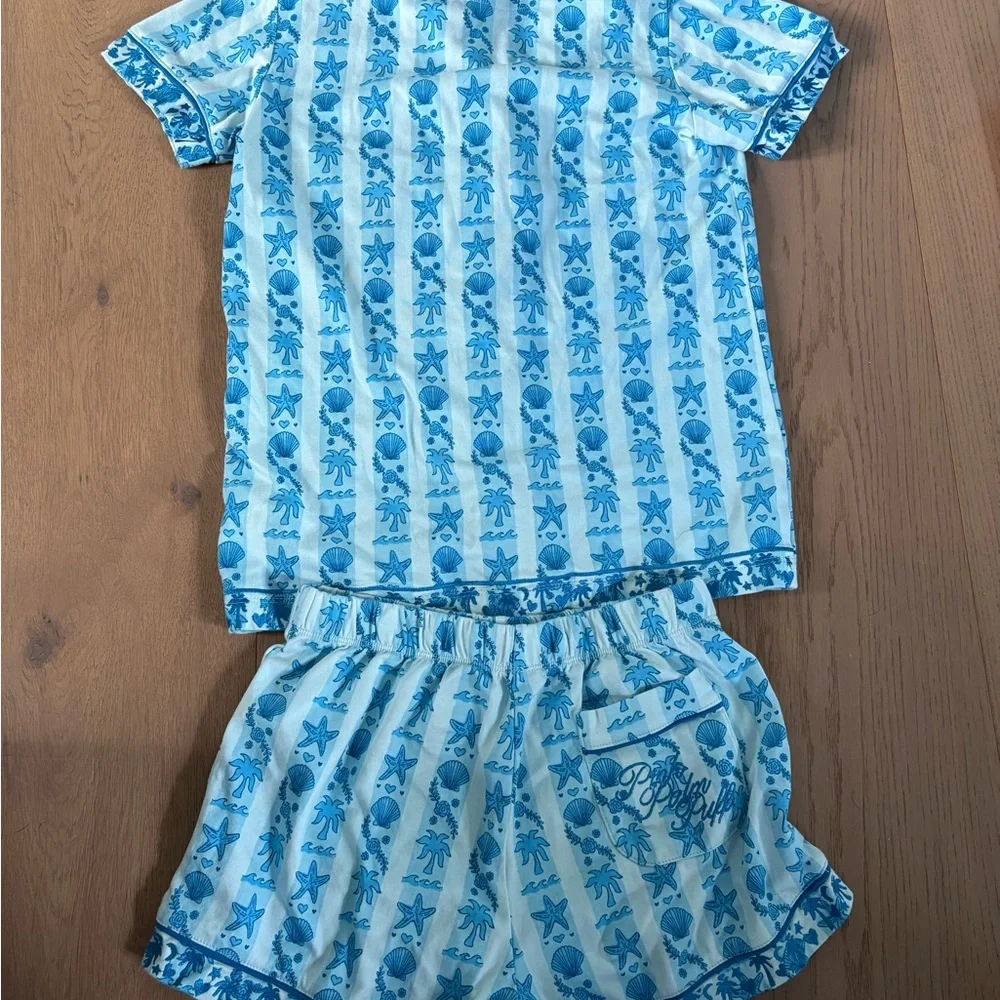 Pink Palm Puff Blue Printed Pajama Set - Picture 3 of 16